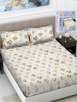 FABINALIV - Multicolor Floral Cotton King Fitted Packing Double Bedsheet with 2 Pillow Covers