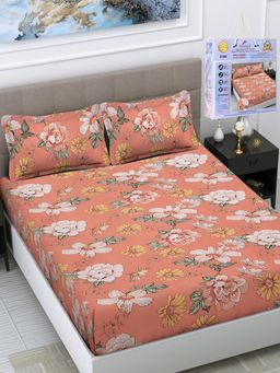 FABINALIV - Orange Floral Cotton King Fitted Packing Double Bedsheet with 2 Pillow Covers