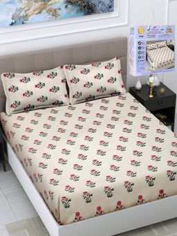 FABINALIV - Multicolor Floral Cotton King Fitted Packing Double Bedsheet with 2 Pillow Covers