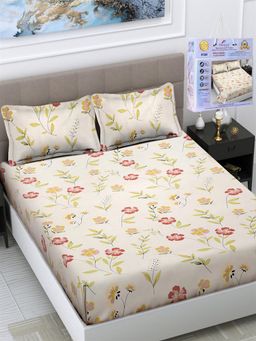 FABINALIV - Multicolor Floral Cotton King Fitted Packing Double Bedsheet with 2 Pillow Covers