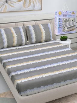 FABINALIV - Multicolor Striped Cotton King Fitted Packing Double Bedsheet with 2 Pillow Covers