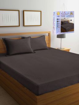FABINALIV - Coffee Striped Cotton King Fitted Packing Double Bedsheet with 2 Pillow Covers