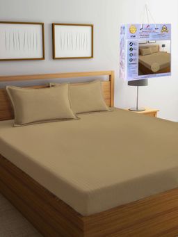 FABINALIV - Beige Striped Cotton King Fitted Packing Double Bedsheet with 2 Pillow Covers
