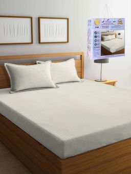 FABINALIV - Cream Striped Cotton King Fitted Packing Double Bedsheet with 2 Pillow Covers