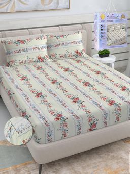 FABINALIV - Cream Floral Cotton King Fitted Packing Double Bedsheet with 2 Pillow Covers