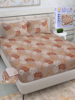 FABINALIV - Brown Floral Cotton King Fitted Packing Double Bedsheet with 2 Pillow Covers
