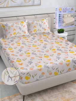 FABINALIV - Multicolor Floral Cotton King Fitted Packing Double Bedsheet with 2 Pillow Covers