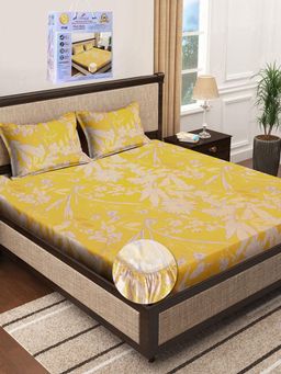 FABINALIV - Yellow Floral Cotton King Fitted Packing Double Bedsheet with 2 Pillow Covers