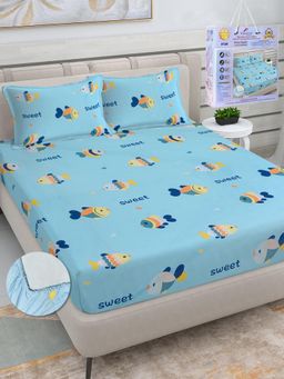 FABINALIV - Blue Cartoon Print Cotton King Fitted Packing Double Bedsheet with 2 Pillow Covers