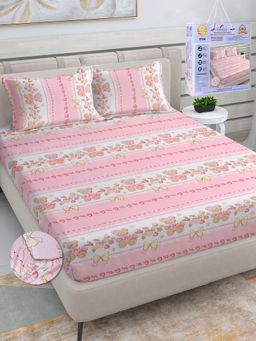 FABINALIV - Pink Cartoon Print Cotton King Fitted Packing Double Bedsheet with 2 Pillow Covers