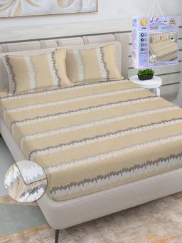FABINALIV - Beige Striped Cotton King Fitted Packing Double Bedsheet with 2 Pillow Covers