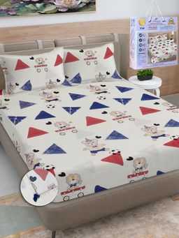 FABINALIV - Multicolor Cartoon Print Cotton King Fitted Packing Double Bedsheet with 2 Pillow Covers