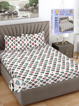 FABINALIV - Multicolor Cartoon Print Cotton King Fitted Packing Double Bedsheet with 2 Pillow Covers