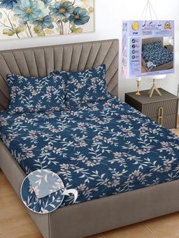 FABINALIV - Blue Floral Cotton King Fitted Packing Double Bedsheet with 2 Pillow Covers