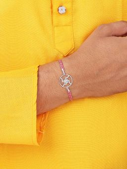 Ornate Jewels - 925 Silver American Diamond Swastik Thread Rakhi with Roli Chawal