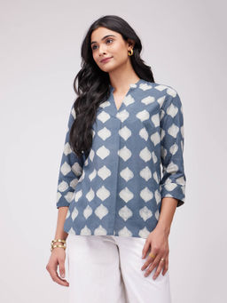 Pink Fort - Cotton Dabu Print Top- Grey