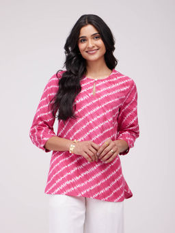 Pink Fort - Cotton Shibori Striped Top- Pink