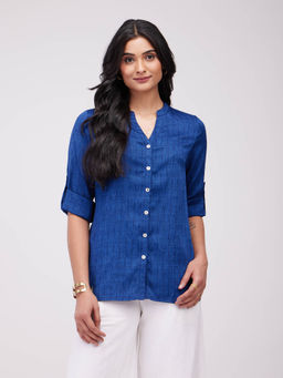 Pink Fort - Rayon Solid Woven Shirt- Navy Blue
