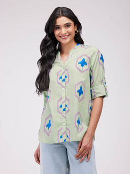 Pink Fort - Cotton Ikat Buttoned Shirt- Green & Blue