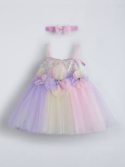 Hopscotch - Floral Applique Sequined Pearl Dress and Hairband with Tails