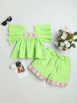 Mini Stitch - Cotton Woven Frill Sleeves Solid Co-Ord - Green