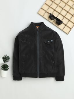 Mini Stitch - Faux Leather Woven Full Sleeves Solid Jacket - Black