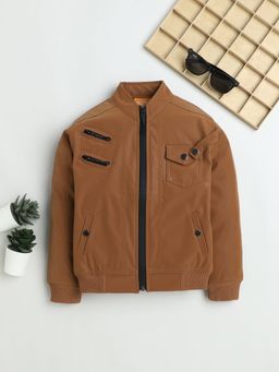 Mini Stitch - Faux Leather Woven Full Sleeves Solid Jacket - Brown