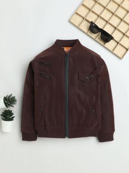 Mini Stitch - Faux Leather Woven Full Sleeves Solid Jacket - Dark Brown