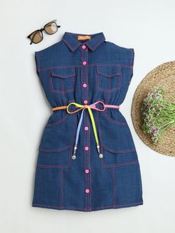 Mini Stitch - Cotton Woven Cap Sleeves Solid Midi Dress with Belt - Blue