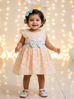 Many Frocks - Net Flutter Sleeves Bow Embellished Knee Length Girls Party Dress