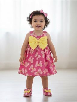 Many Frocks - Cotton Sleeveless Printed Bow Embellished Baby Casual Dress