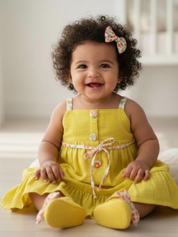 Many Frocks - Cotton Sleeveless Button Embellished Baby Casual Dress with Belt-Yellow