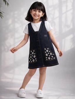 Purple United Kids - Girls Dark Blue Denim Dungaree Dress with Cross Back Straps