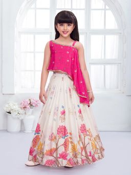 Mini Stitch - Woven Georgette Embroidered Asymmetrical Choli and Flared Lehenga - Pink