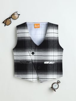Mini Stitch - Cotton Sleeveless Plaid Waistcoat - Black