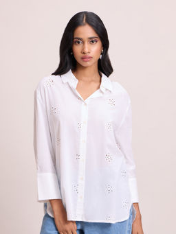 Twenty Dresses by Nykaa Fashion - White Floral Embroidered Broad Cuffs Schiffli Shirt