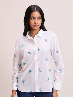 Twenty Dresses by Nykaa Fashion - White Floral Embroidery Pointed Collar Shirt