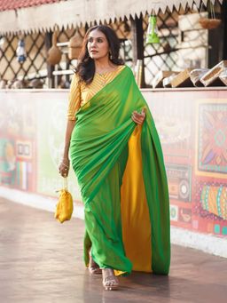 Swtantra - Pre-Draped 1-Minute Green Georgette with Yellow Satin Saree with Unstitched Blouse