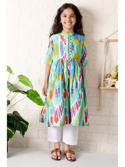 The Cotton Staple - Cassata Ikat Printed Green Kurta (Set of 2)