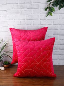 Eyda - Super Soft Velvet Fuchsia Color Set Of 2 Quilted Cushion Cover-18X18 Inch