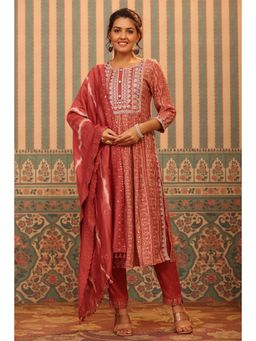 PIROH - Womens Ethnic Foil Print Nayra Cut Kurta Shantoon Trouser & Chanderi Dupatta (Set of 3)
