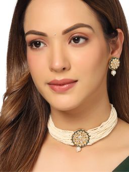 Gahan - Womens White Gold Toned Kundan Studded Jewellery Set