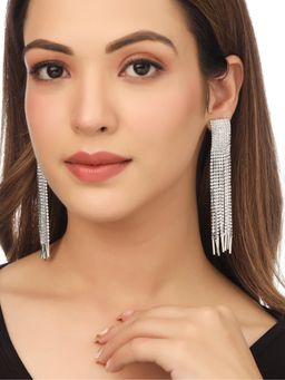 Gahan - Womens Silver Toned Contemporary AD Studded Drop Earrings
