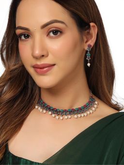 Gahan - Womens Silver Plated Stone Studded Oxidised Silver Jewellery Set
