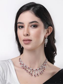 Gahan - Womens Silver Plated & Maroon Cubic Zirconia Stone Handcrafted Jewellery Set