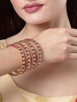 Gahan - Womens Gold Plated Red Kundan Studded Traditional Bangles (Pack of 4)