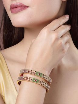 Gahan - Womens Gold Plated Red Kundan Traditional Bangles (Pack of 2)