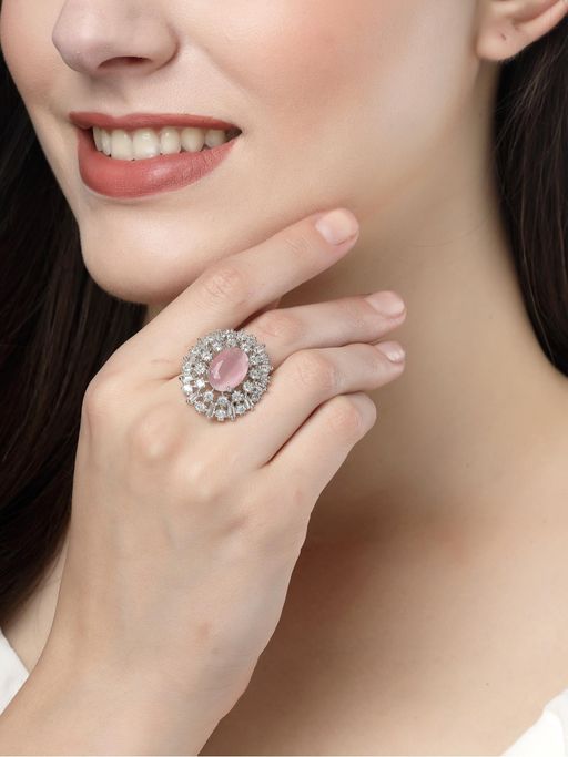 Gahan Womens Pink & Silver CZ Studded Handcrafted Adjustable Finger Ring