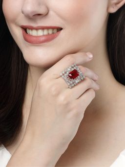 Gahan - Womens Red & Silver CZ Studded Square Shaped Adjustable Finger Ring