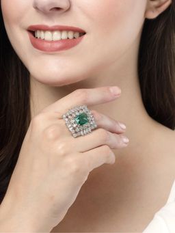 Gahan - Womens Green & Silver CZ Studded Square Shaped Adjustable Finger Ring